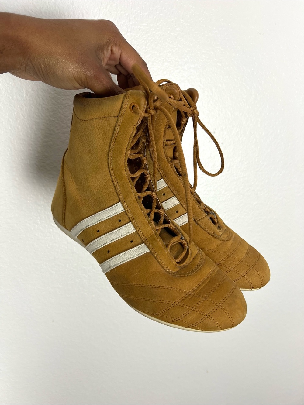 adidas Tan High-Top Lace-Up Sneakers with White Stripes Boxing Style High Top